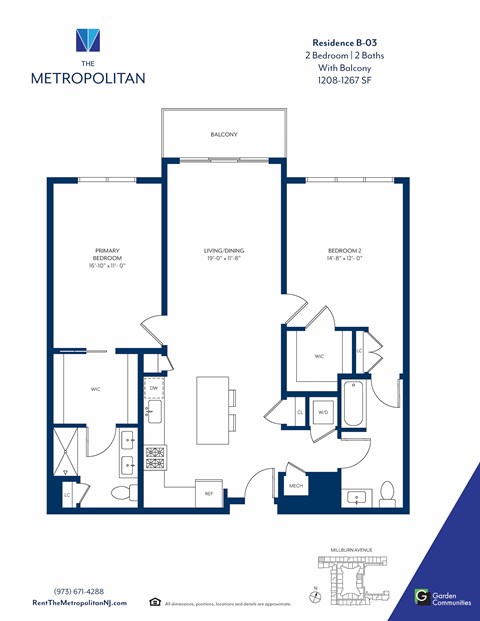 Floor plan for 2 beds, 2 baths, 1265 sqft